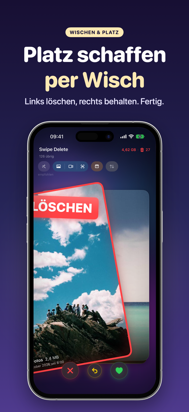 SwipeDelete auf dem iPhone: ein Foto wird zum Löschen nach links gewischt, oben der freigegebene Speicher und der Papierkorb