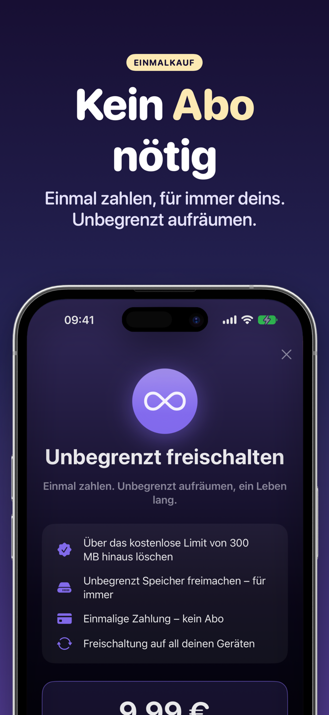 Bildschirm zur unbegrenzten Freischaltung: Einmalkauf ohne Abo
