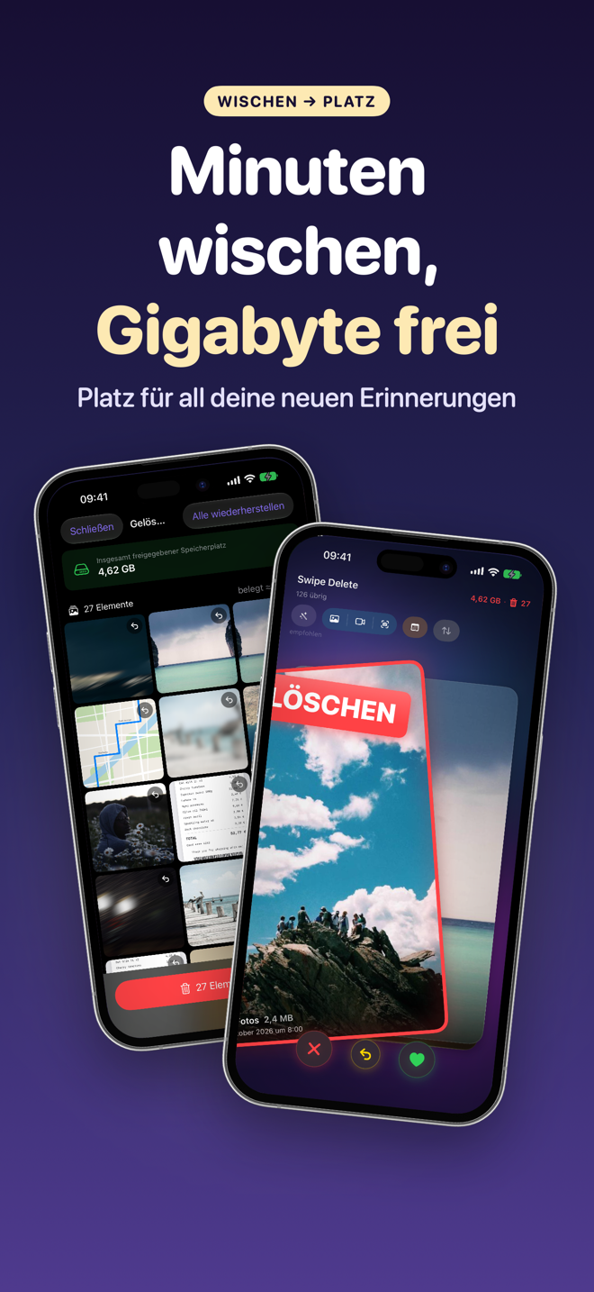 Papierkorb und Stapel nebeneinander: Minuten wischen, Gigabyte frei