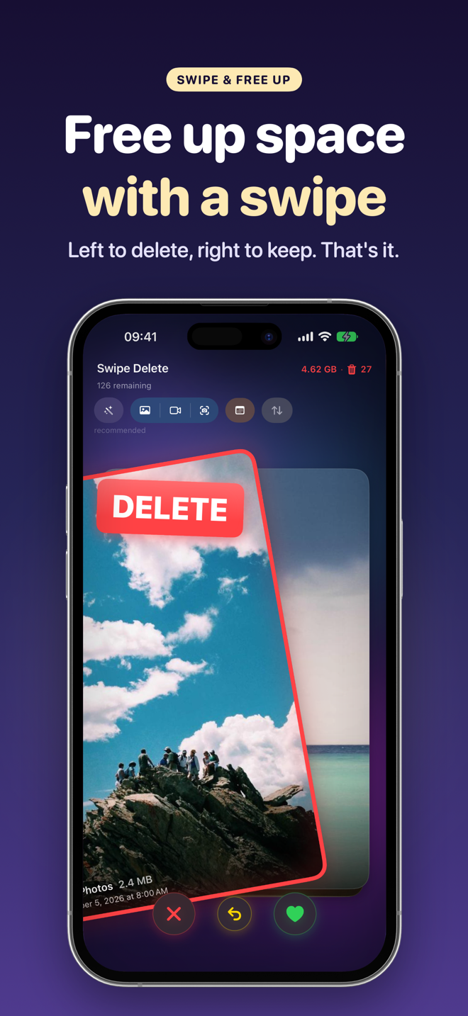 SwipeDelete on iPhone: a photo swiped left with the DELETE label, 4.62 GB freed and 27 items in the trash