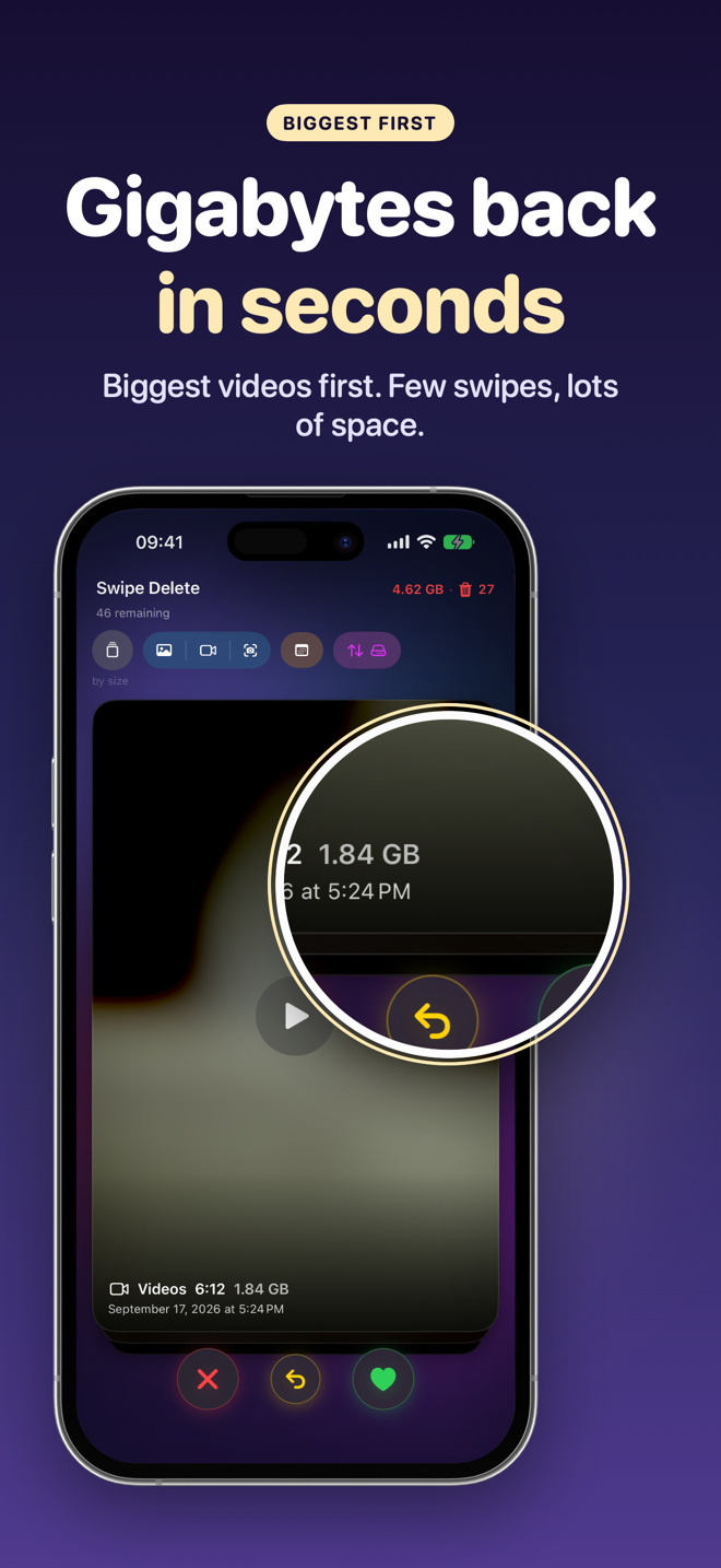 Sort by size: a 1.84 GB video at the top of the deck