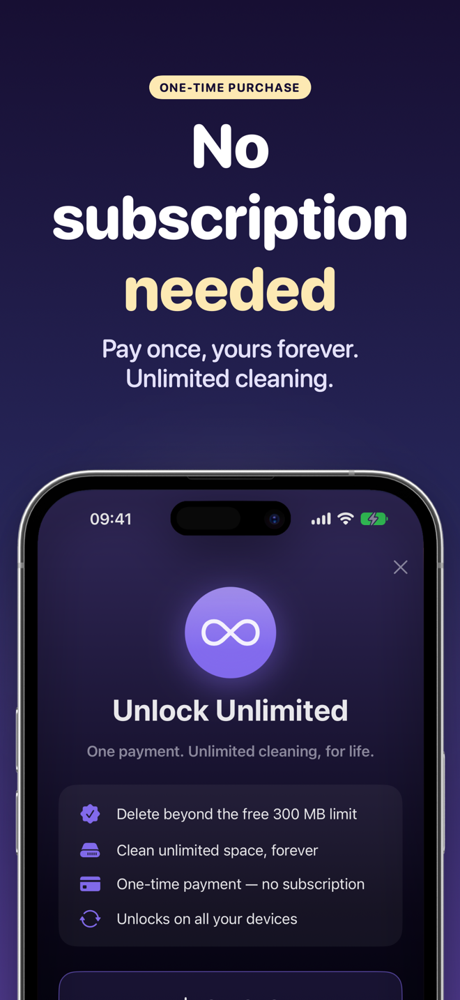 Unlock Unlimited screen: one-time payment, no subscription