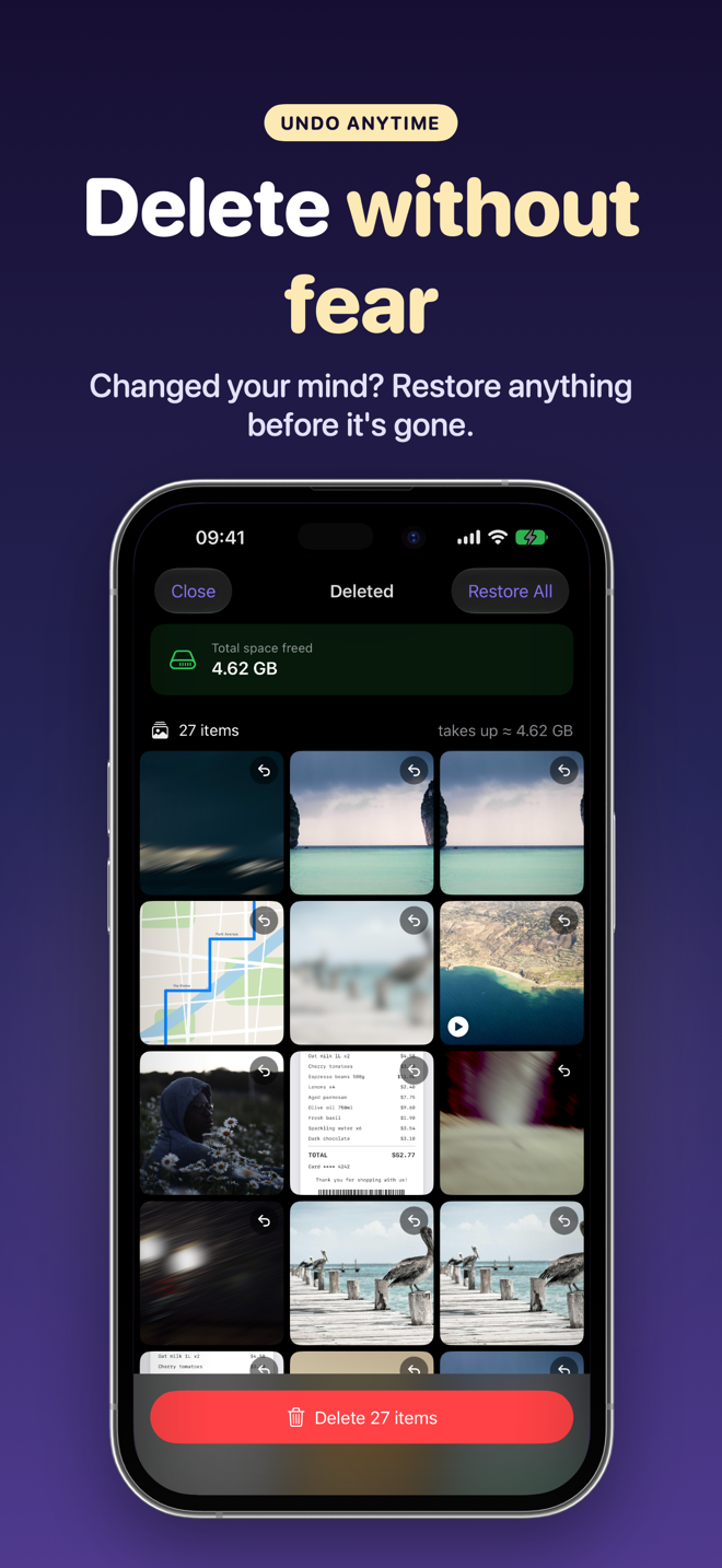 In-app Trash grid with 27 items, a Restore All button and 4.62 GB freed in total