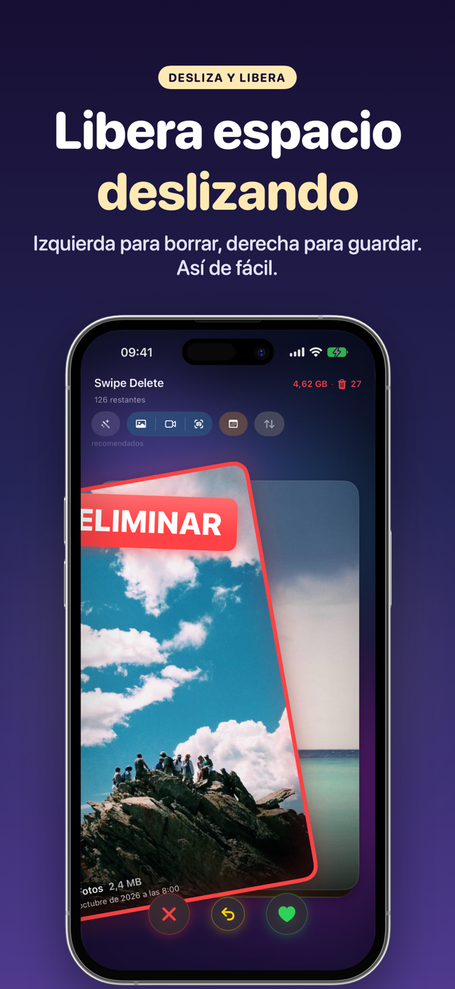 SwipeDelete en iPhone: una foto deslizada a la izquierda para borrarla, con el espacio liberado y los elementos en la papelera