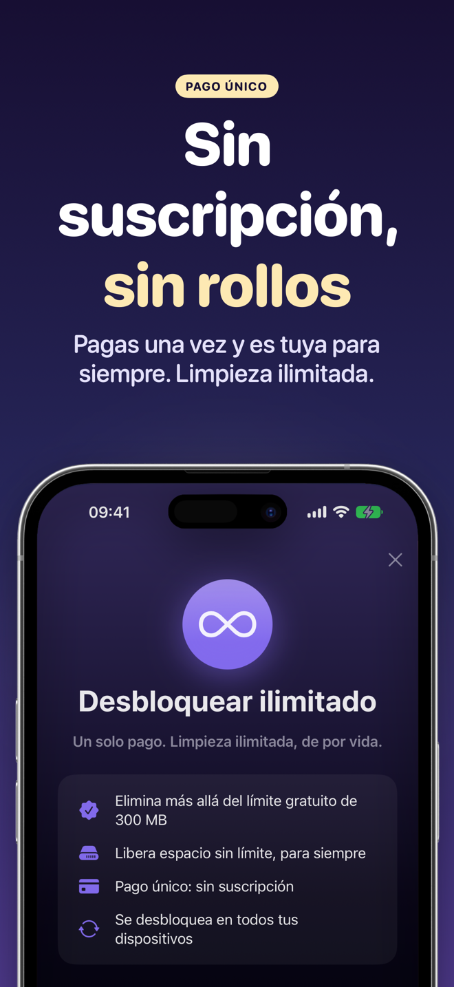 Pantalla de desbloqueo ilimitado con pago único y sin suscripción