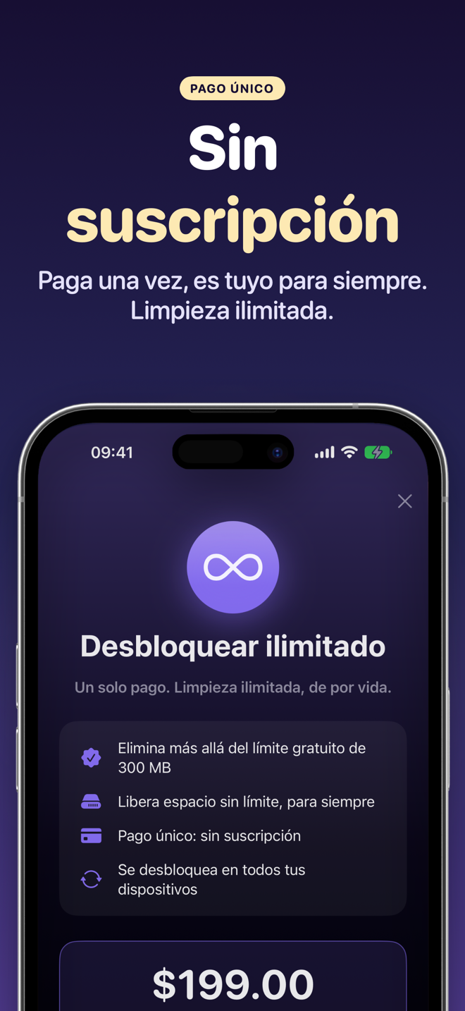 Pantalla de desbloqueo ilimitado: pago único, sin suscripción