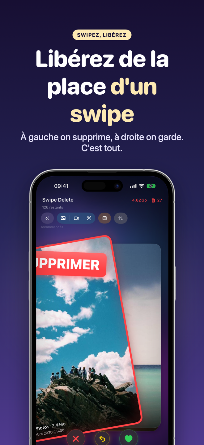 SwipeDelete sur iPhone : une photo swipée à gauche pour la supprimer, avec l'espace libéré et les éléments dans la corbeille