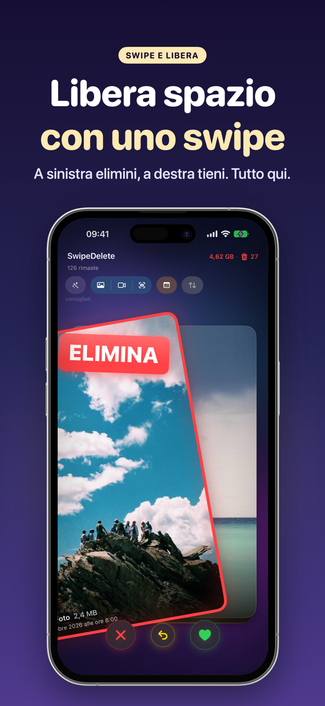 SwipeDelete su iPhone: una foto scorsa a sinistra con l'etichetta ELIMINA, 4,62 GB liberati e 27 elementi nel cestino