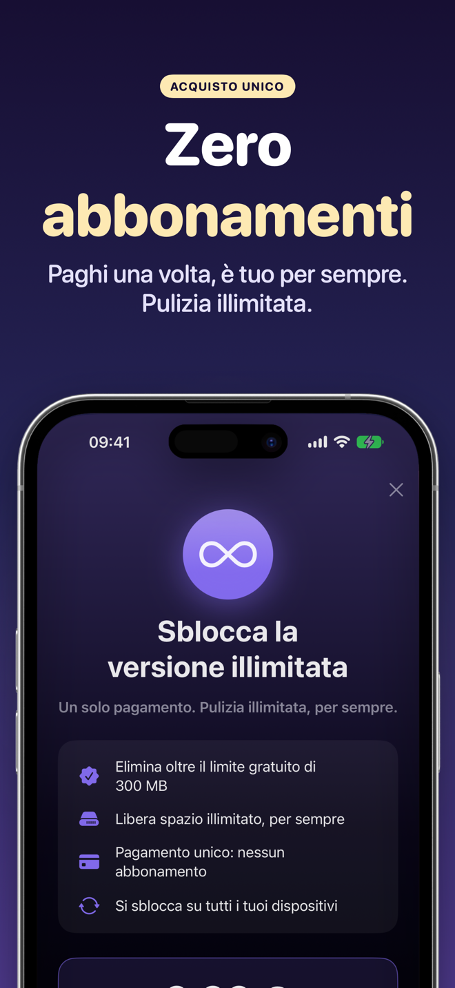 Schermata Sblocca la versione illimitata: pagamento unico, nessun abbonamento