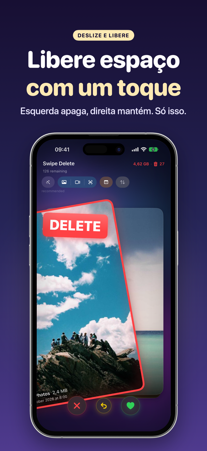SwipeDelete no iPhone: uma foto deslizada para a esquerda para ser apagada, com o espaço liberado e os itens na lixeira