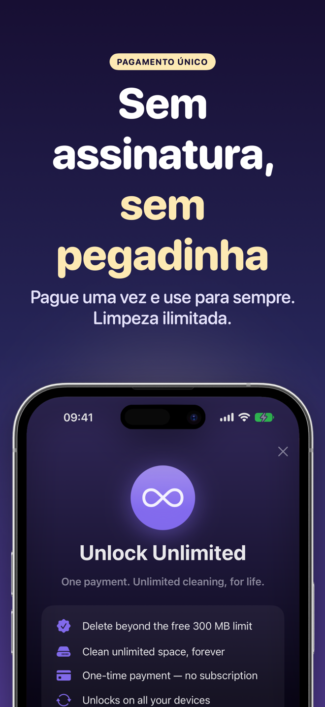 Tela de desbloqueio ilimitado: compra única, sem assinatura