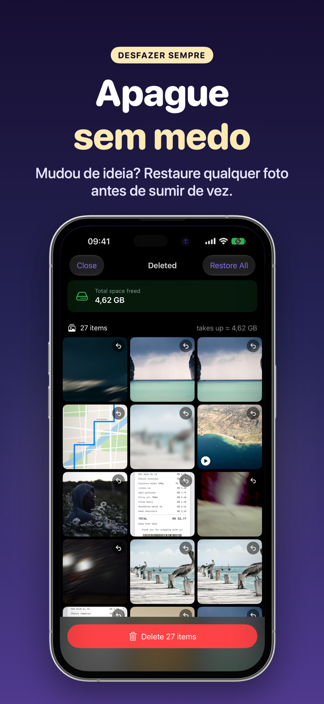 Lixeira do app em grade com opção de restaurar tudo e espaço total liberado