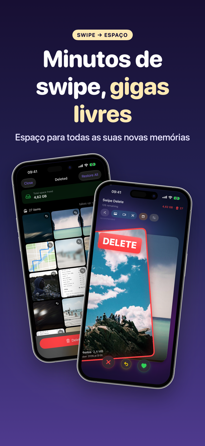 Lixeira e baralho lado a lado: minutos de swipe, gigabytes livres