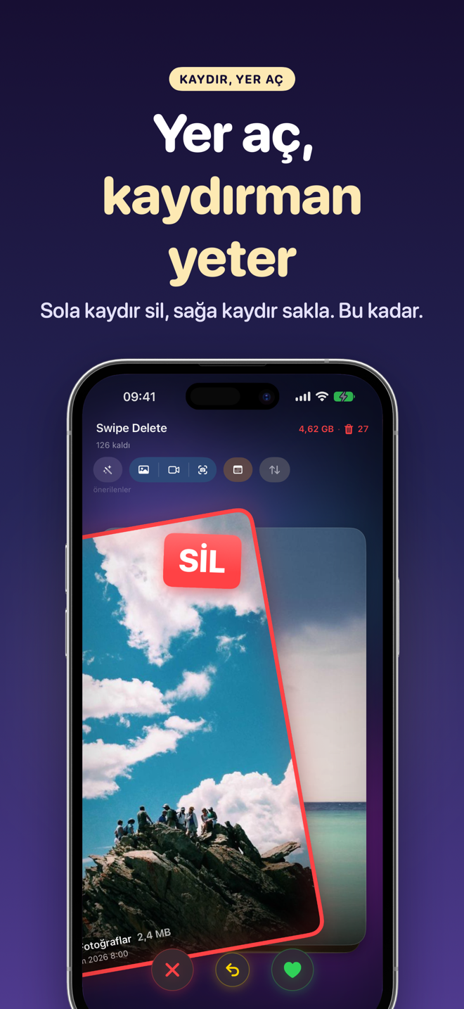iPhone'da SwipeDelete: bir fotoğraf silmek için sola kaydırılıyor, üstte açılan yer ve çöp kutusundaki öğe sayısı